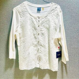 NWT Vintage Rafaella Snow White Cotton Textured Sheer w/Circles Cardigan